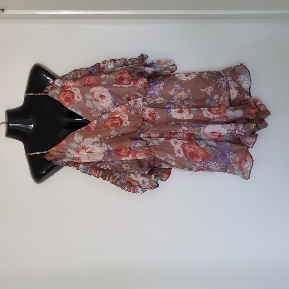 Bardot, floral playsuit, lined/sheer overlay, pockets, cold shoulder, size 12 - Picture 1 of 12